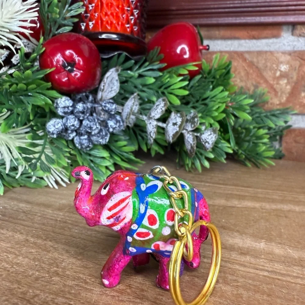 Vintage India Handcrafted Wooden Artisan Colorful Elephant Keychain - Picture 3 of 11